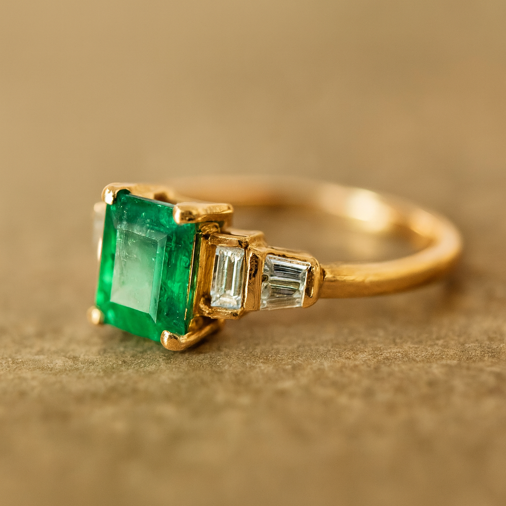 anillo-oro-18k-esmeralda-colombiana-santa marta-diamantes-baguette-rose-joyas
