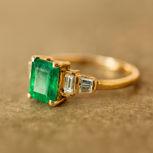 anillo-oro-18k-esmeralda-colombiana-santa marta-diamantes-baguette-rose-joyas